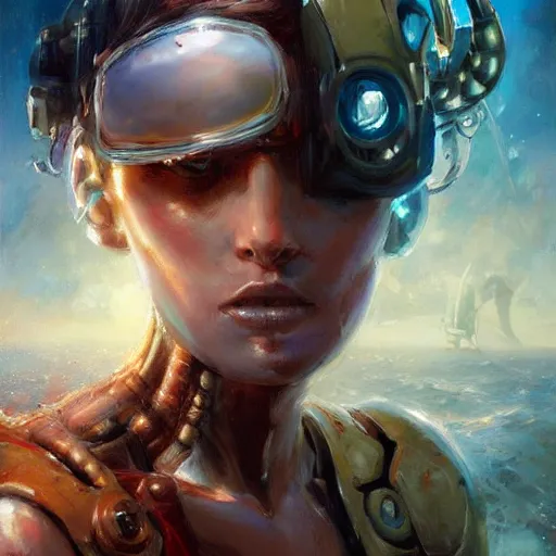 Image similar to stunning portrait of unborn baby argonaut Orpheus charming Mediterranean sea creatures, painting by Raymond Swanland, cyberpunk, sci-fi cybernetic implants hq