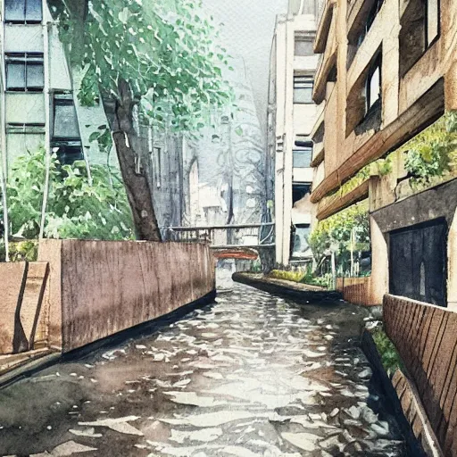 Prompt: Wooden footpath next to narrow canal between buildings in beautiful overgrown futuristic sci-fi city in harmony with nature. Nice colour scheme, soft warm colour. Studio Gibli. Beautiful detailed watercolor by Lurid. (2022)