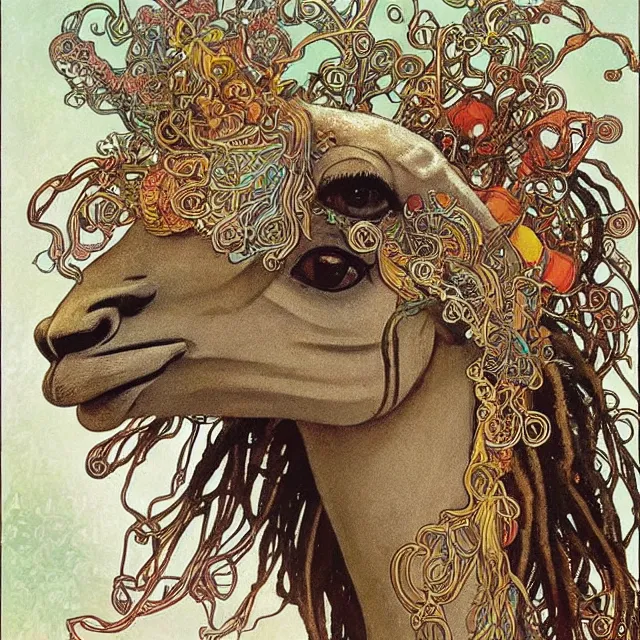 Image similar to llama with dreadlocks, detailed, by alphonse mucha, ernst haeckel, james jean, el anatsui, mandy jurgens