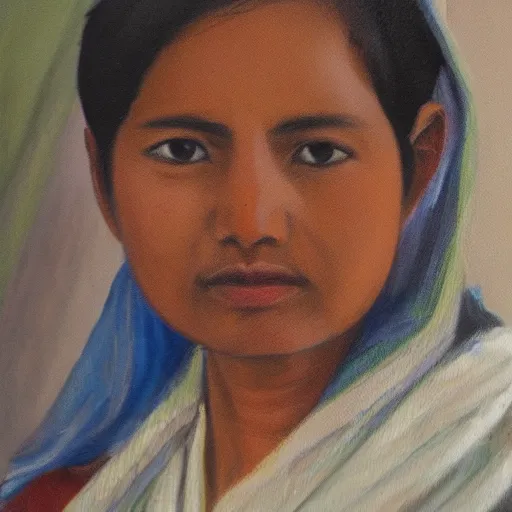 Image similar to a nepali wearing a white shawl, oil painting