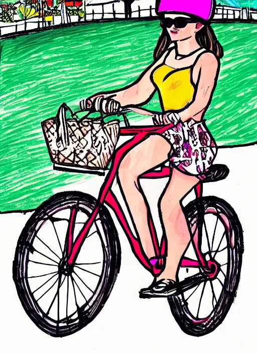 Image similar to drawing of a atlanta urban outfitters style riding a bike going to the beach