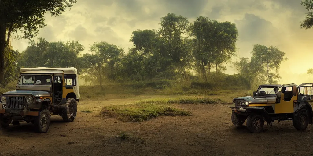 Image similar to kerala village countryside, beautiful dynamic lighting, mahindra thar on the road, cinematic, wide angle establishing shot, extremely high detail, photo realistic, cinematic lighting, post processed, concept art, artstation, matte painting, style by eddie mendoza, raphael lacoste, alex ross, volumetric lighting, light rays, photorealistic, ultrarealistic, moody, coronarender, 8k