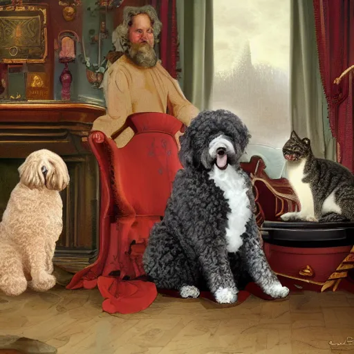 Prompt: the labradoodle king of massachusetts sitting on his throne, surrounded by adoring cats, digital painting, 8 k, detailed