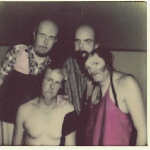 Prompt: a found polaroid photo of gutter punk trash humpers in the backrooms