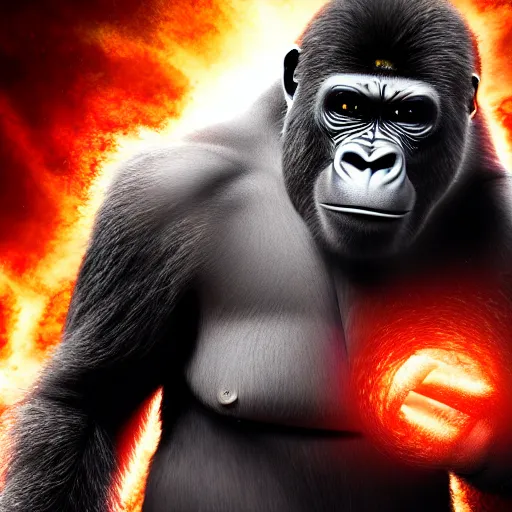 Prompt: Still Image of an Angry Gorilla going Super Saiyan, glowing eyes, realistic, 4k, detailed