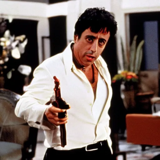 Prompt: jerry seinfeld as tony montana in scarface, movie still