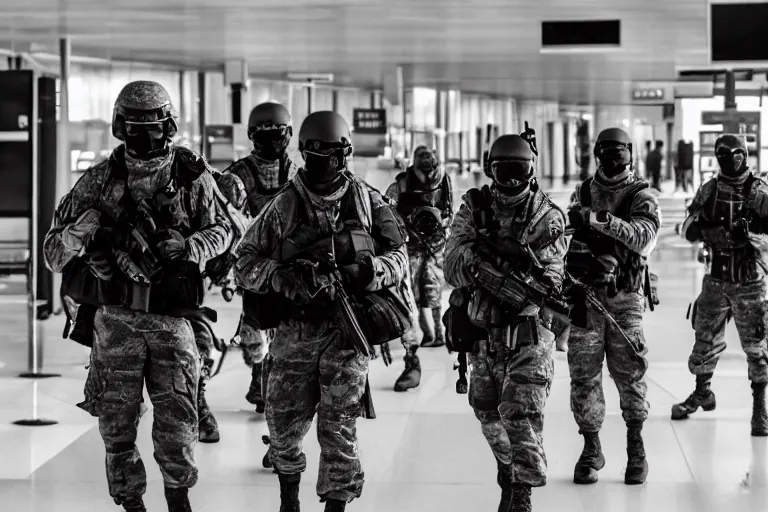 Image similar to Mercenary Special Forces soldiers in grey uniforms with black armored vest and black helmets fighting inside an airport in 2022, Canon EOS R3, f/1.4, ISO 200, 1/160s, 8K, RAW, unedited, symmetrical balance, in-frame, combat photography