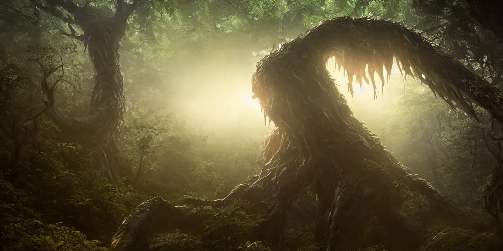 Prompt: close up of a giant liquid spirit monster rising from a forest. 4 k, artgerm, high detail, dramatic lighting, sunset, hayao miyazaki, masashi ando, nizou yamamoto, kazuo oga, joe hisaishi, yoji takeshige, naoya tanaka
