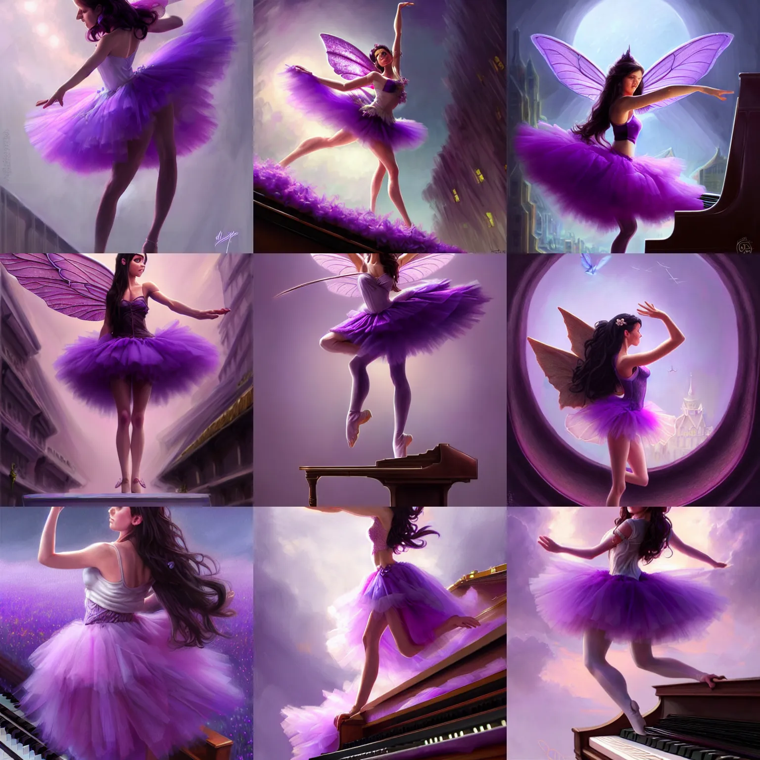 Prompt: wearing purple romantic tutu, brunette fairy woman stretching, concept art, illustration, digital painting, trending on artstation, standing on top of a piano, highly detailed, fantasy, art by artgerm and greg rutkowski and magali villeneuve, d & d, sharp focus