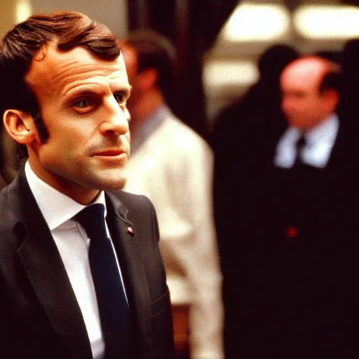 Image similar to Emmanuel Macron wearing a venitian mask in American Psycho (1999)