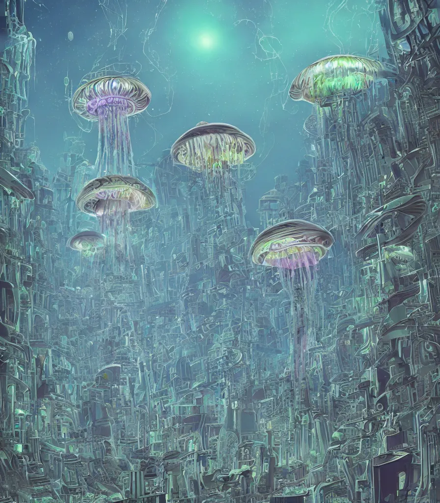 Prompt: brilliant alien massive jellyfish in the sky surrounding a futuristic alien city hosting within color scientific illustration by Ernst Haekel, Hayao Miyazaki, color illustration with orthographic views
