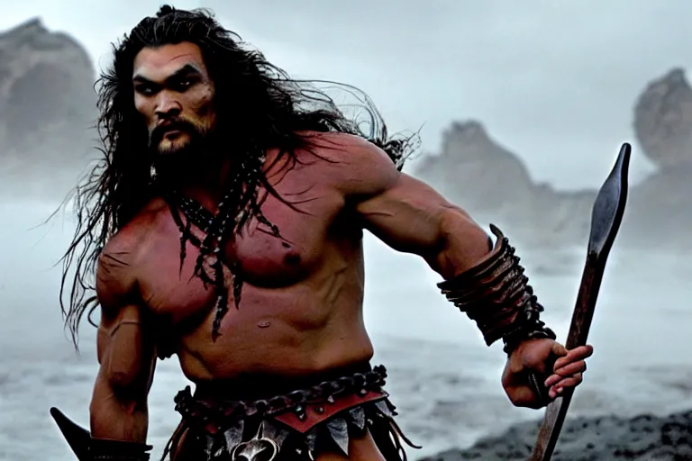 Image similar to film still from conan the barbarian, jason momoa as conan, wearing royal crimson fantasy ornate spartan dragon scale armor, volumetric lighting, wet skin and windblown hair, muscular!!!, battle action pose, ridley scott, high contrast