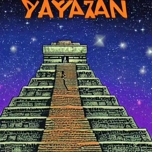 Prompt: an advertisement for a concert with a man climbing up the steps of a Mayan Pyramid, Stars, nebula and comet with a long tail in the night sky behind the pyramid, an album cover by Jeremy Henderson, featured on deviantart, underground comix, concert poster, diorama, poster art