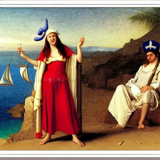 Image similar to A girl with jester hat and clothes on a greek archi circle on the front of a Balustrade with a beach and a sail boat on the background, major arcana cards, by paul delaroche, hyperrealistic 8k, very detailed