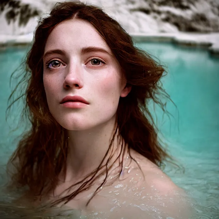 Image similar to Kodak Portra 400, 8K,ARTSTATION, CarolineGariba, soft light, volumetric lighting, highly detailed, britt marling style 3/4 ,portrait photo Close-up portrait photography of a beautiful woman how pre-Raphaelites, the face emerges from Pamukkale, thermal waters flowing down white travertine terraces, inspired by Ophelia paint ,and hair are intricate with highly detailed realistic beautiful flowers , Realistic, Refined, Highly Detailed, interstellar outdoor soft pastel lighting colors scheme, outdoor fine art photography, Hyper realistic, photo realistic