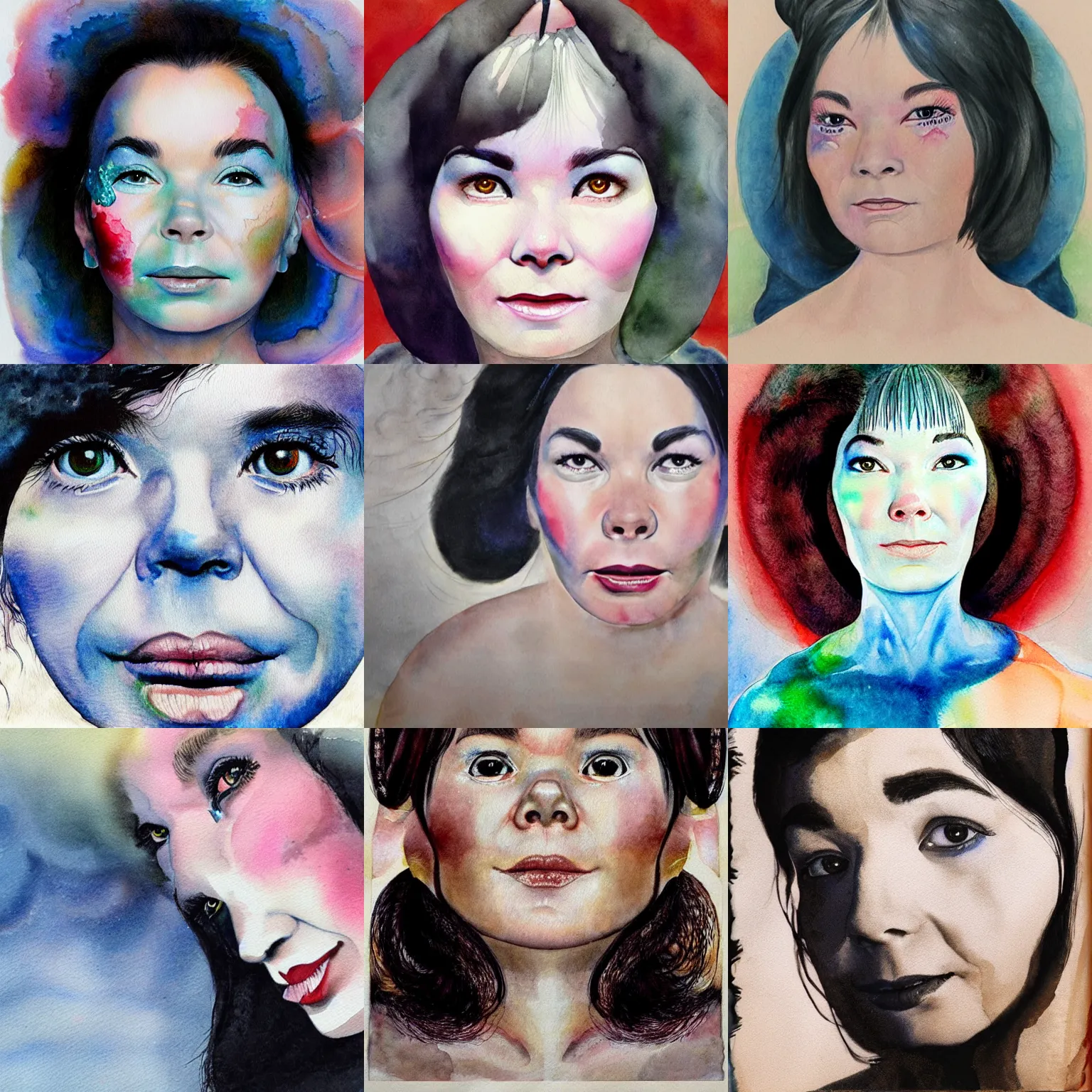 Prompt: photorealistic portrait of bjork's face, beautifully painted in watercolor by william blake, bjork is activating microsoft windows, 1 8 2 6.