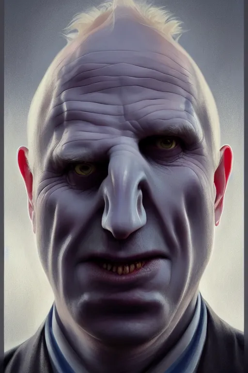 Prompt: Boris Johnson as Lord Voldemort without nose, realistic portrait, symmetrical, highly detailed, digital painting, artstation, concept art, smooth, sharp focus, illustration, cinematic lighting, art by artgerm and greg rutkowski and alphonse mucha