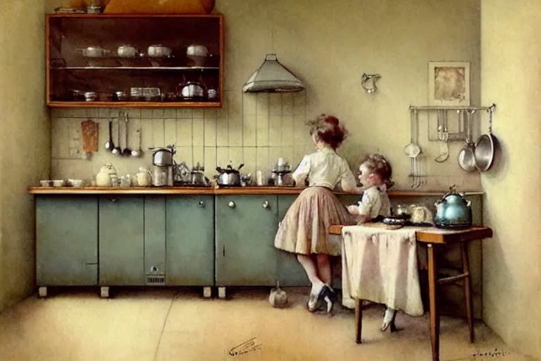 Image similar to ( ( ( ( ( 1 9 5 0 s retro kitchen interior scene. muted colors. ) ) ) ) ) by jean - baptiste monge!!!!!!!!!!!!!!!!!!!!!!!!!!!!!!