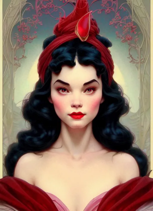 Image similar to portrait of disney snow white, intricate, elegant, highly detailed, my rendition, digital painting, artstation, concept art, smooth, sharp focus, illustration, art by artgerm and greg rutkowski and alphonse mucha and uang guangjian and gil elvgren and sachin teng, symmetry!!