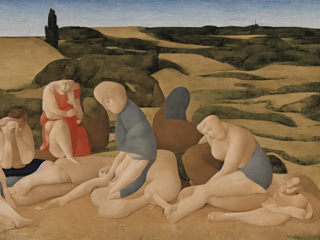 Image similar to Woman and man sitting with their soles touching in opposite directions on the sand. Landscape sculpted by Henri Moore. Painting by Piero della Francesca, Morandi, Balthus