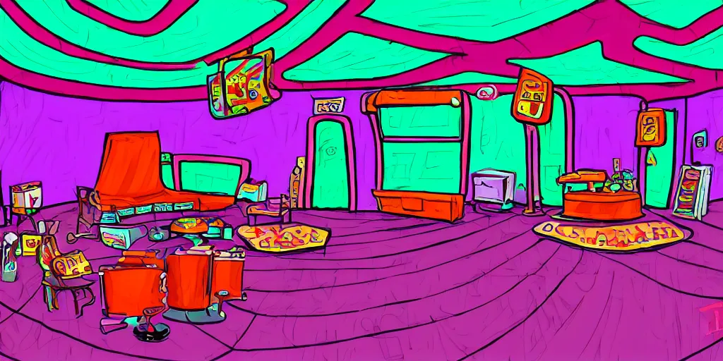 Image similar to a dimly lit, colorful, theater dressing room, made of candy, day of the tentacle style, drawn by Peter Chan