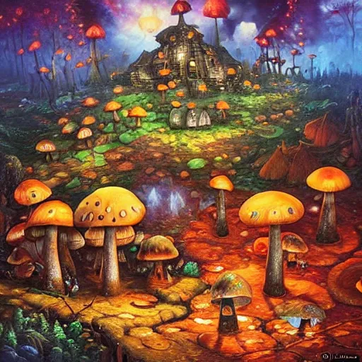 Image similar to mushroom village located deep in a forest, bioluminescent, art by james christensen, rob gonsalves, paul lehr, leonid afremov and tim white