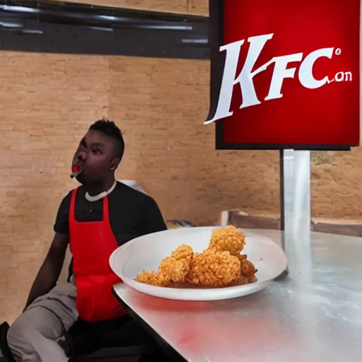 Prompt: a man eating kfc underground