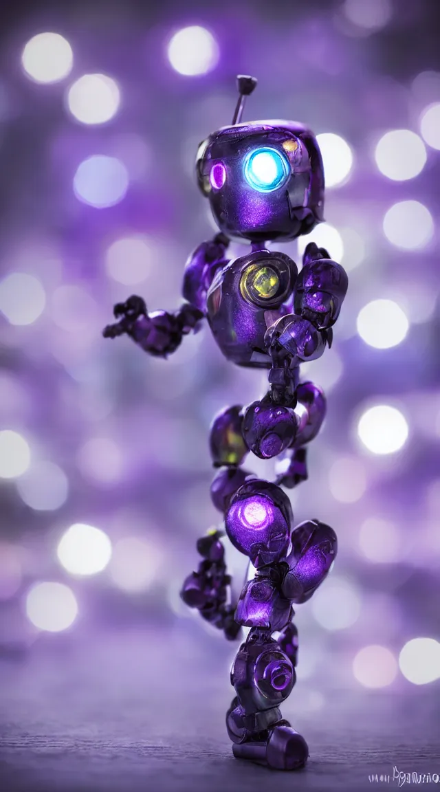 Image similar to portrait of a tiny robot with purple lights, professional photo, hdr, bokeh, sci fi, tiny castle, fantasy