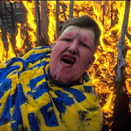 Image similar to , funny and frightened ukrainian burned to bones bleeding in dirty yellow and blue rags on the background of a huge nuclear explosion selfie 2 0 2 2