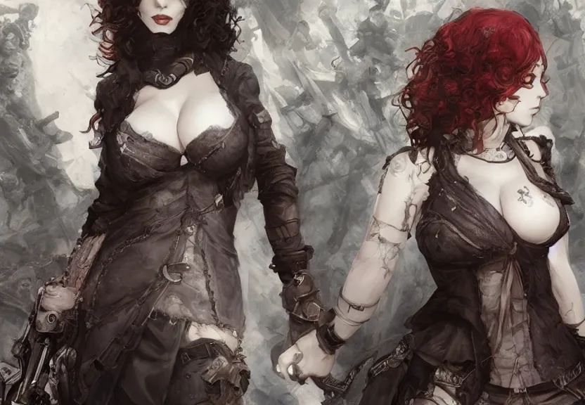 Image similar to christina hendricks!!!!! goth!!!!!, tankoban, 4 k, tone mapping, akihiko yoshida, james jean andrei riabovitchev marc simonetti, yoshitaka amano, long hair, curly, h. hydrochaeri