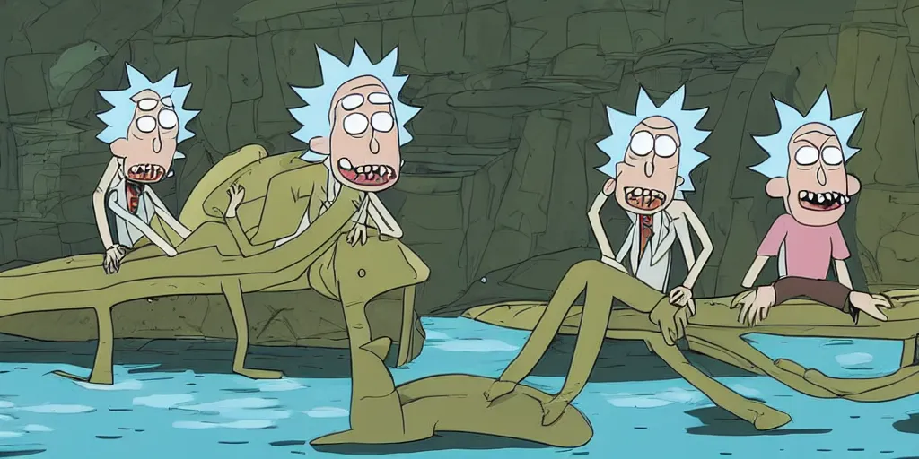 Image similar to rick sanchez falls into a river and gets eaten by a crocodile. concept art for rick and morty.