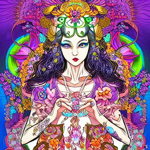 Image similar to NeoPagan Goddess of Spring, inside her temple, in a blended style by Junko Mizuno, Möbius, and Peter Chung, hyper detailed, 4k photorealistic digital art, flat colors, dramatic composition, extremely fine inking lines