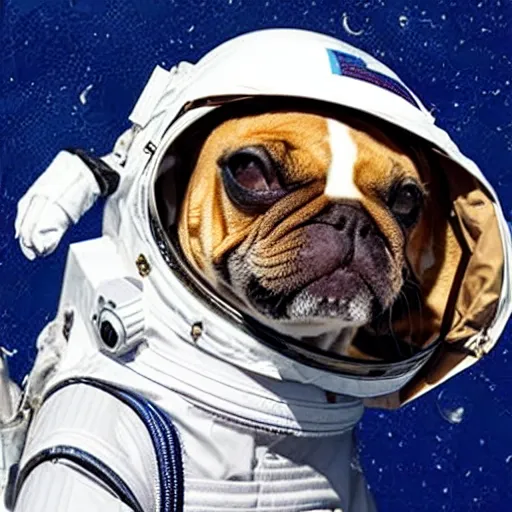 Image similar to a dog in space wearing an astronaut suit