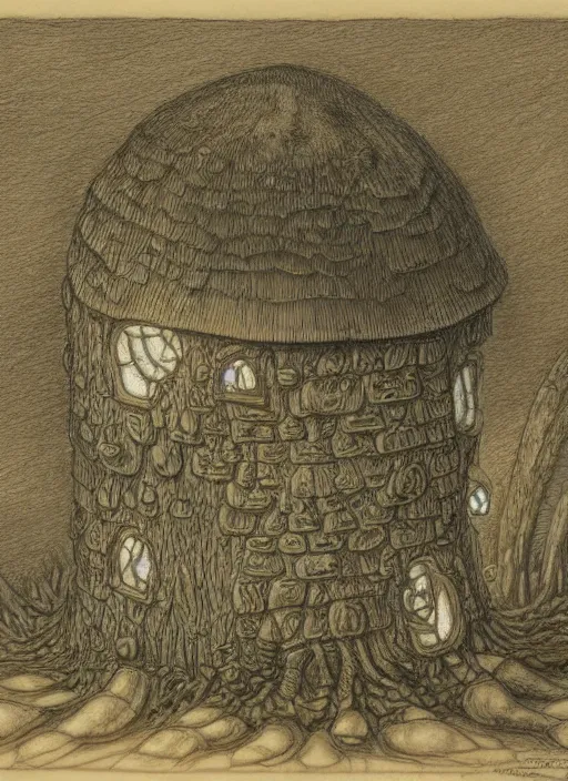 Image similar to a hybrid between a mushroom and a house,, insanely detailed, studio light, gustav dore, colored pencil