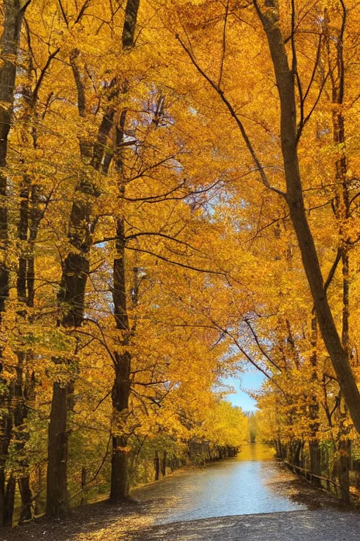 Prompt: photograph of an autumn forest with lake lined by maple and poplar trees, in the autumn, orange and yellow leaves, some leaves have fallen and are under the trees and on the road