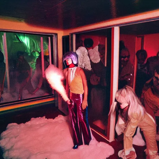 Image similar to first-person perspective view of people wearing shiny skiwear having a party inside of a 1970s luxury bungalow with a sunken living room with a square hole in the ground with fog and light-emitting, at dusk, ektachrome photograph, f8 aperture