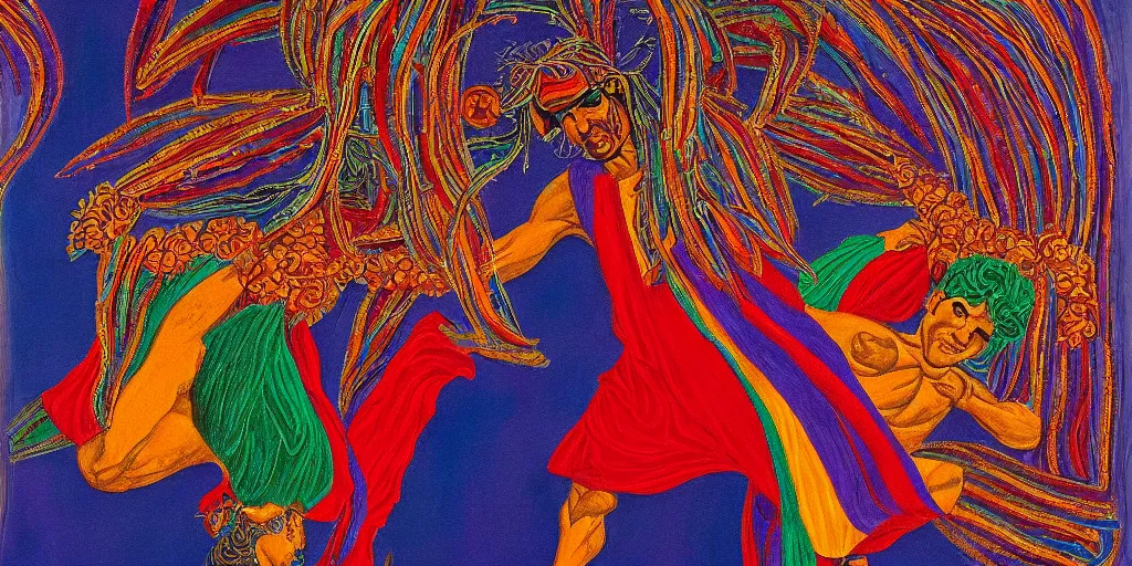 Image similar to an abstract spiritual background, portrait of a virile latino greek god dancing. 2 4 mm, photorealistic, muted color scheme, directed by mati klarwein