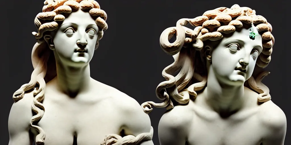Prompt: ancient greek sculpture, artist unknown,, young woman as medusa, multiple poses, flawless beauty prominent jawline