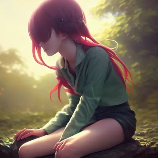 Prompt: very very small little girl by wlop, sitting on a gigantic green leaf by ilya kuvshinov, rtx reflections, octane 1 2 8 k, extreme high intricate details by tom bagshaw, digital anime art by ross tran, medium shot, close up shot, composition by sana takeda, lighting by greg rutkowski
