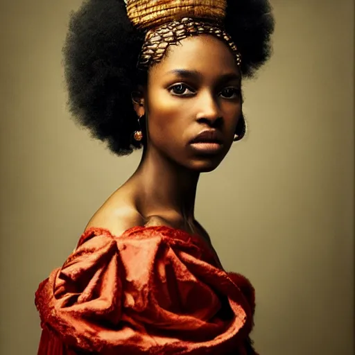 Image similar to portrait of young afro woman in renaissance dress and renaissance headdress, art by peter lindbergh