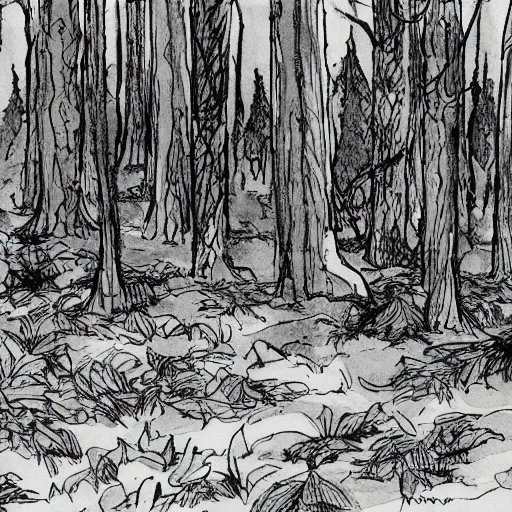 Prompt: Comic panel of a forest clearing, (inktober), line art, (((water color))), by Bill Waterson, By Jake Parker