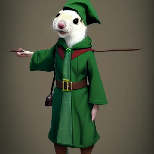 Image similar to a anthropomorphic ferret is dressed as a hogwarts student in slytherin robes, hyperdetailed, artstation, cgsociety, 8 k