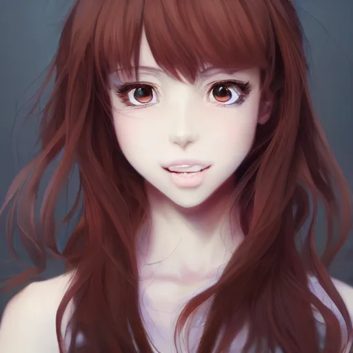 Prompt: An anime portrait of a young beautiful happy girl with straight reddish-brown hair, brown eyes, wearing a shirt, closed-mouth smile, by Stanley Artgerm Lau, WLOP, Rossdraws, James Jean, Andrei Riabovitchev, Marc Simonetti, and Sakimi chan, trending on artstation