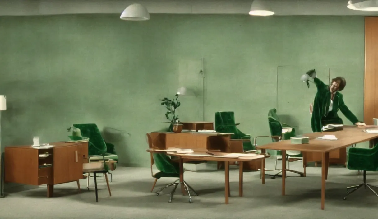 Prompt: a still of severance series indoor 7 0 s green velvet and wood with metal furniture office scenario appearing in a film of jacques tati