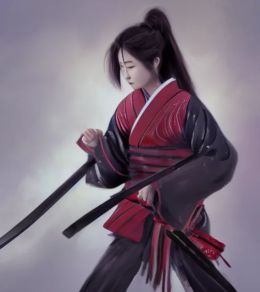 Image similar to a girl holding a katana, samurai outfit, japanese clothes, ponytail, action shot, highly detailed, digital painting, artstation, concept art, smooth, sharp focus, kunoichi, illustration