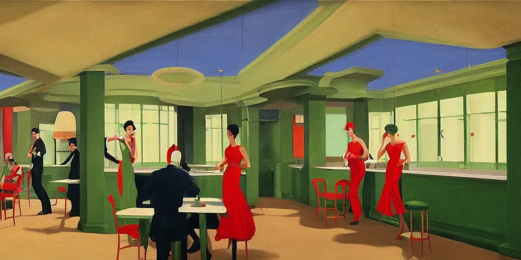 Prompt: green people at red art deco restaurant, open ceiling, highly detailed, painted by Edward Hopper, painted by James Gilleard, surrealism, airbrush