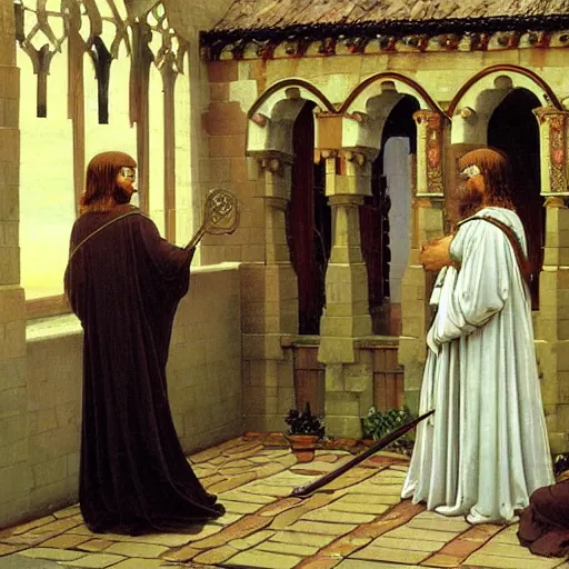 Image similar to Troy and Abed as medieval knights, masterpiece painting by Edmund Leighton