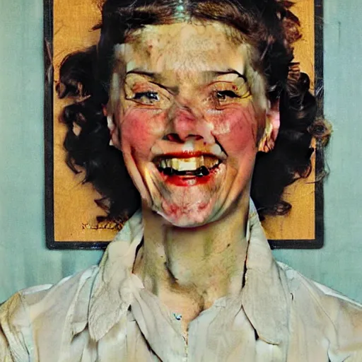 Prompt: Frontal portrait of a woman so happy that her face hurts. A painting by Norman Rockwell.