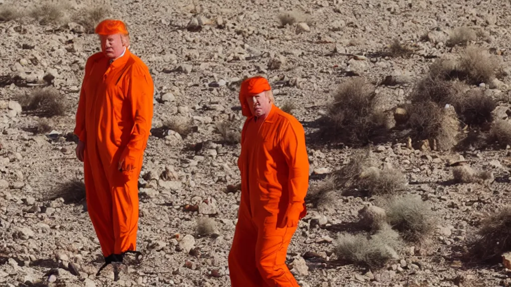 Prompt: Donald Trump wearing an orange jumpsuit captured by Islamic ISIS militants in the desert, Kodak film photo, 8k, highly detailed