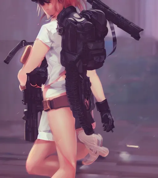 Prompt: cute girl wearing a gun on her back, by wlop, rain, poster, anime key visual, artstation